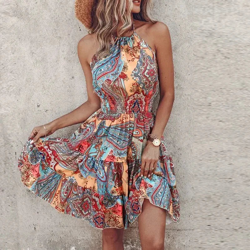 Women's Flowy Draped Dress with Halter Neckline and Lace Detail