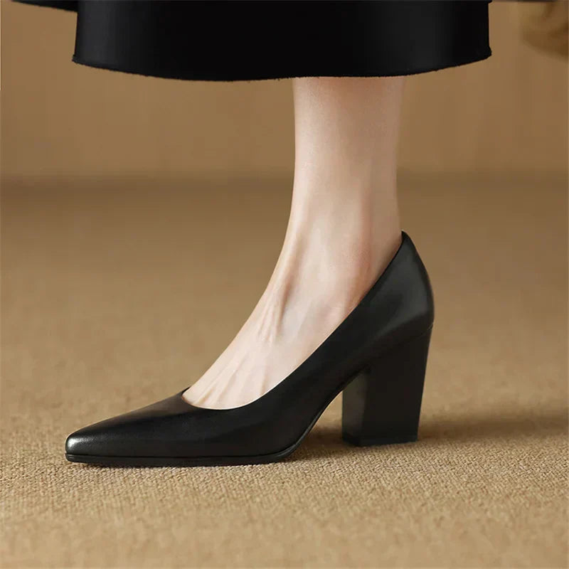 Women's Block Heel Pumps with Pointed Toe and Slip-On Design