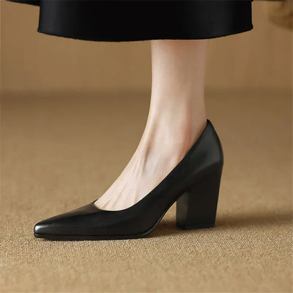 Women's Block Heel Pumps with Pointed Toe and Slip-On Design