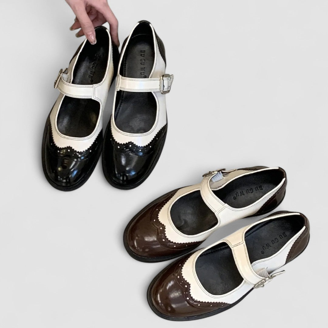 Women's Two-Tone Mary Jane Shoes with Brogue Detail and Low Heel