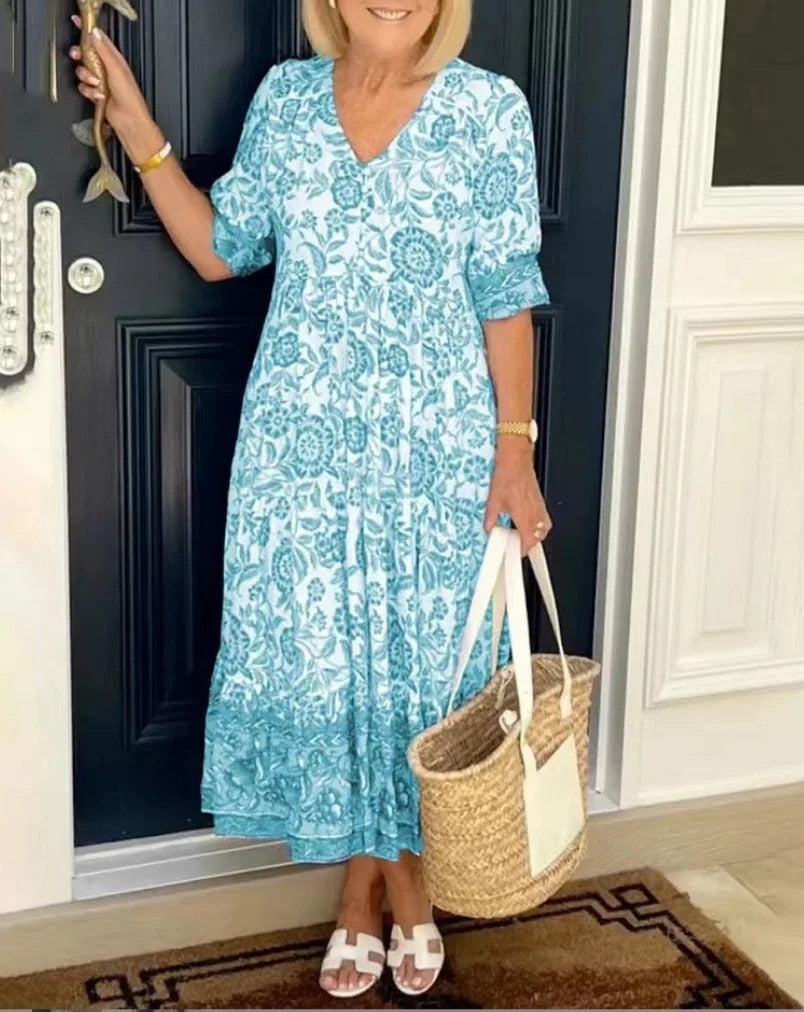 Women's Floral Dress with V-Neck and A-Line Skirt