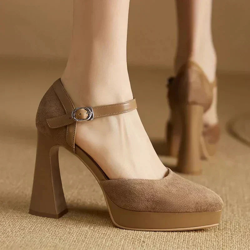 Women's Platform Block Heel Pumps with Ankle Strap and Sturdy Base