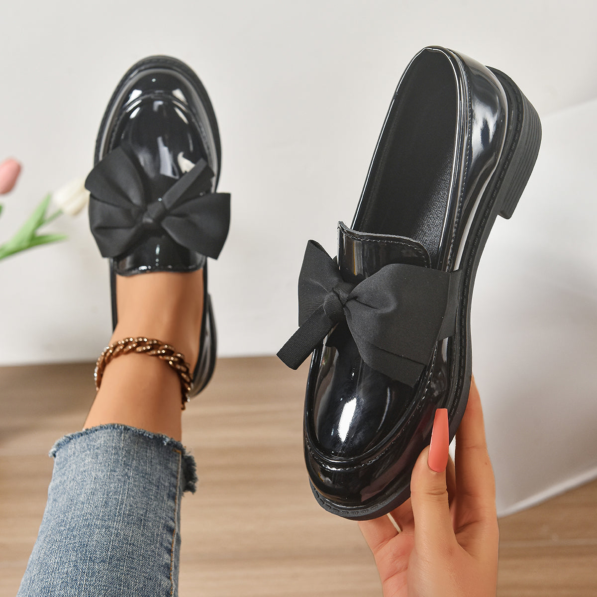 Ayora Women's Glossy Leather Moc-Toe Bow Loafer – Comfortable Platform Slip-On