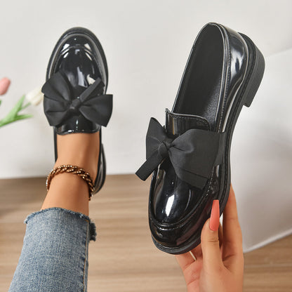 Ayora Women's Glossy Leather Moc-Toe Bow Loafer – Comfortable Platform Slip-On