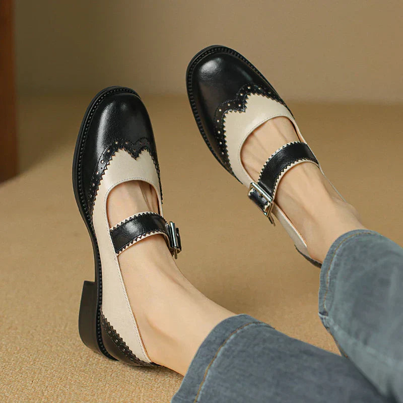 Women's Two-Tone Mary Jane Shoes with Brogue Design and T-Strap