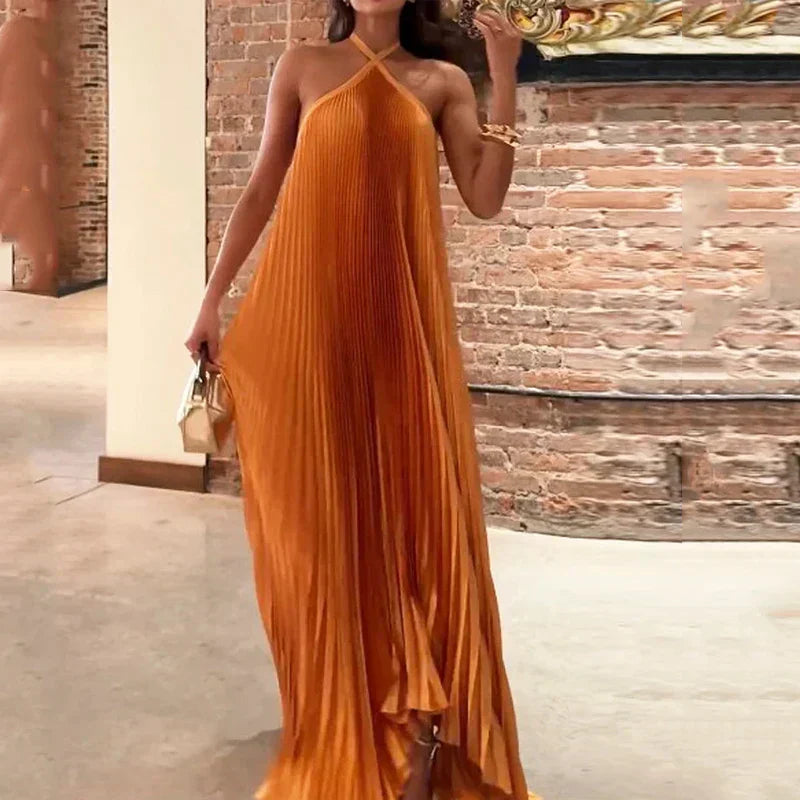 Graceful Pleated Halter Neck Maxi Dress with Flowing Silhouette for Women's Evening Weddings