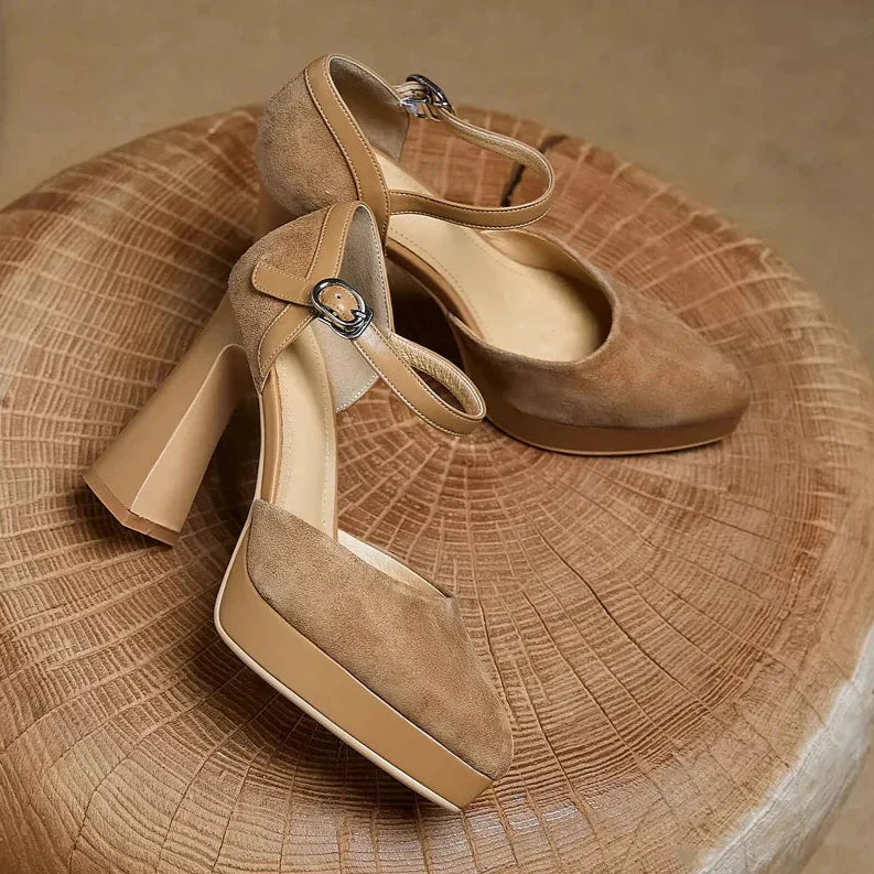 Women's Platform Block Heel Pumps with Ankle Strap and Sturdy Base