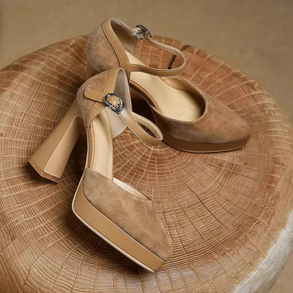 Women's Platform Block Heel Pumps with Ankle Strap and Sturdy Base