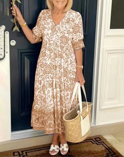 Women's Floral Dress with V-Neck and A-Line Skirt
