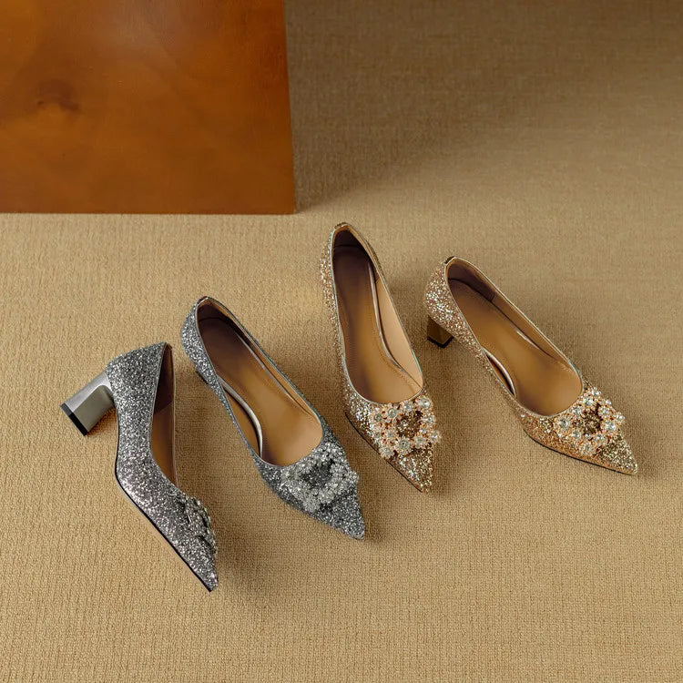 Women's Glitter Block Heel Pumps with Pointed Toe and Crystal Buckle