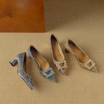 Women's Glitter Block Heel Pumps with Pointed Toe and Crystal Buckle