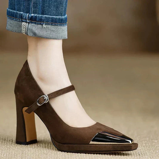 Women's Mary Jane High Heel Pumps with Cap Toe and Block Heel