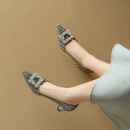 Women's Glitter Block Heel Pumps with Pointed Toe and Crystal Buckle