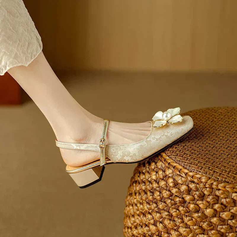 Women's Floral Slingback Pumps with Square Toe and Block Heel