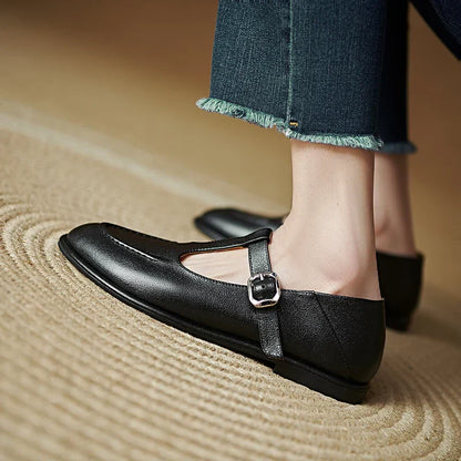 Women's T-Strap Mary Jane Flats with Round Toe and Low Heel