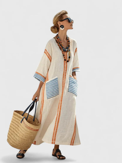 Women’s Striped Maxi Dress – Luxurious Deep V-Neck Draped Flowing Silhouette Dress
