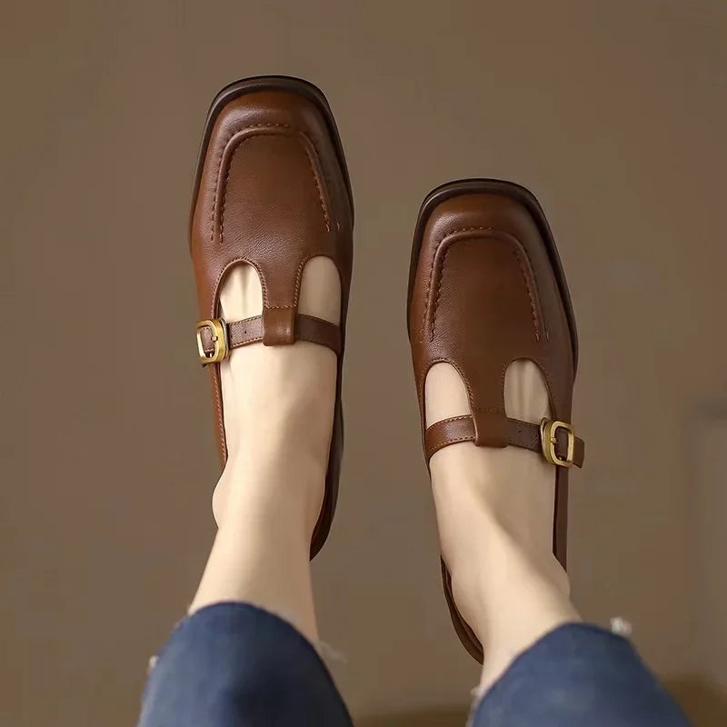 Women's T-Strap Mary Jane Shoes with Square Toe and Low Block Heel