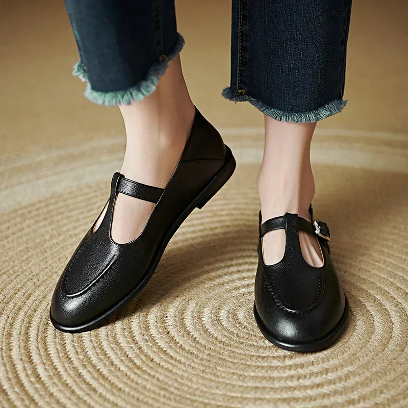 Women's T-Strap Mary Jane Flats with Round Toe and Low Heel