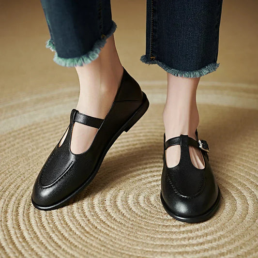 Women's T-Strap Mary Jane Flats with Round Toe and Low Heel