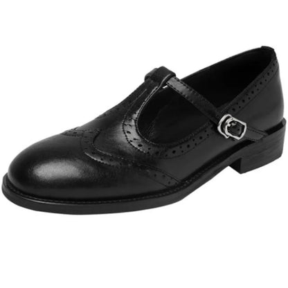 Women's T-Strap Mary Jane Shoes with Low Block Heel and Buckle Closure