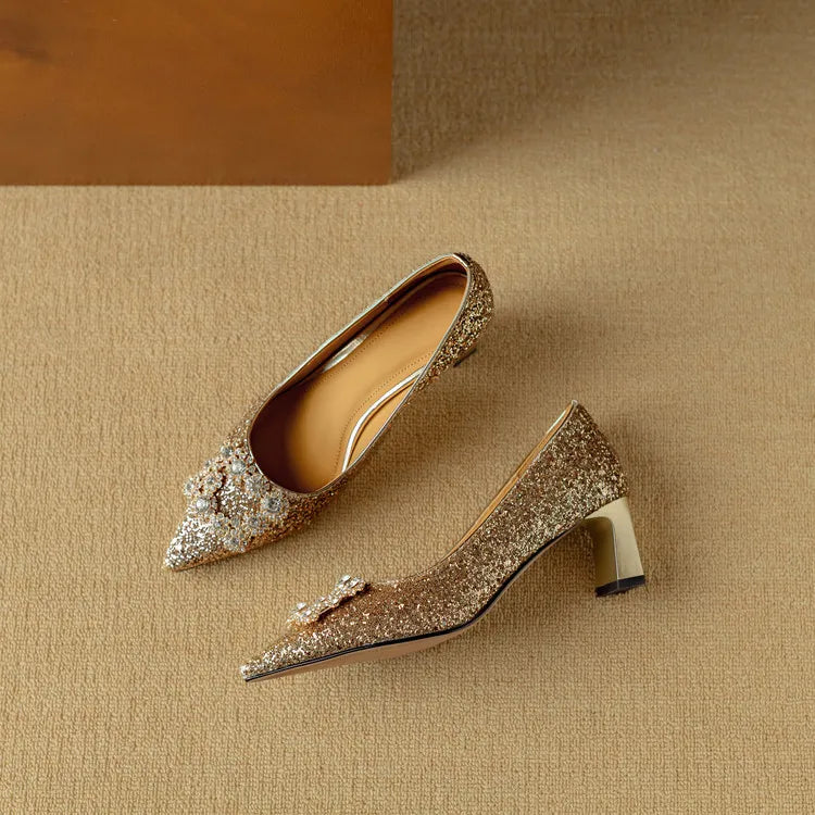 Women's Glitter Block Heel Pumps with Pointed Toe and Crystal Buckle