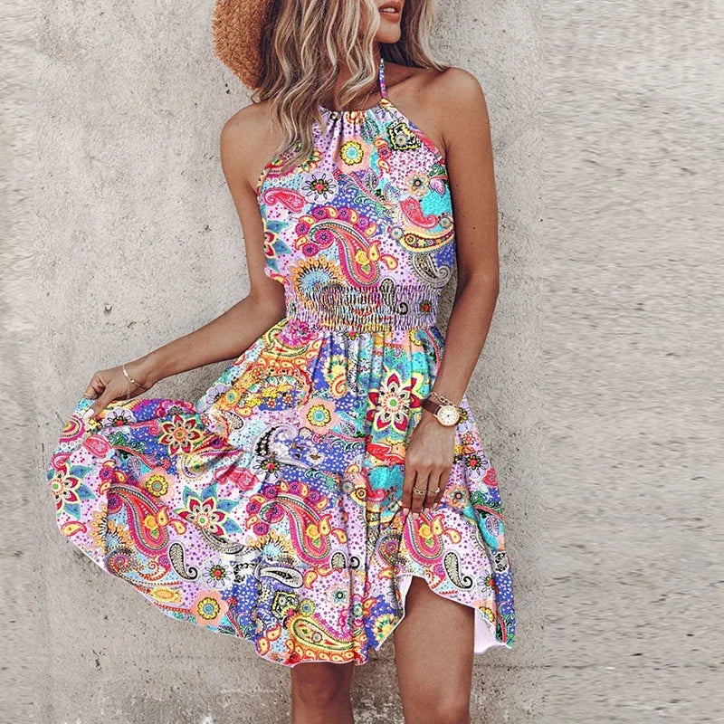 Women's Flowy Draped Dress with Halter Neckline and Lace Detail