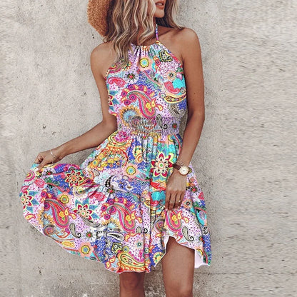 Women's Flowy Draped Dress with Halter Neckline and Lace Detail