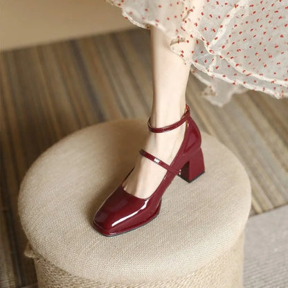Women's Ankle Strap Block Heel Pumps with Square Toe and Classic Design