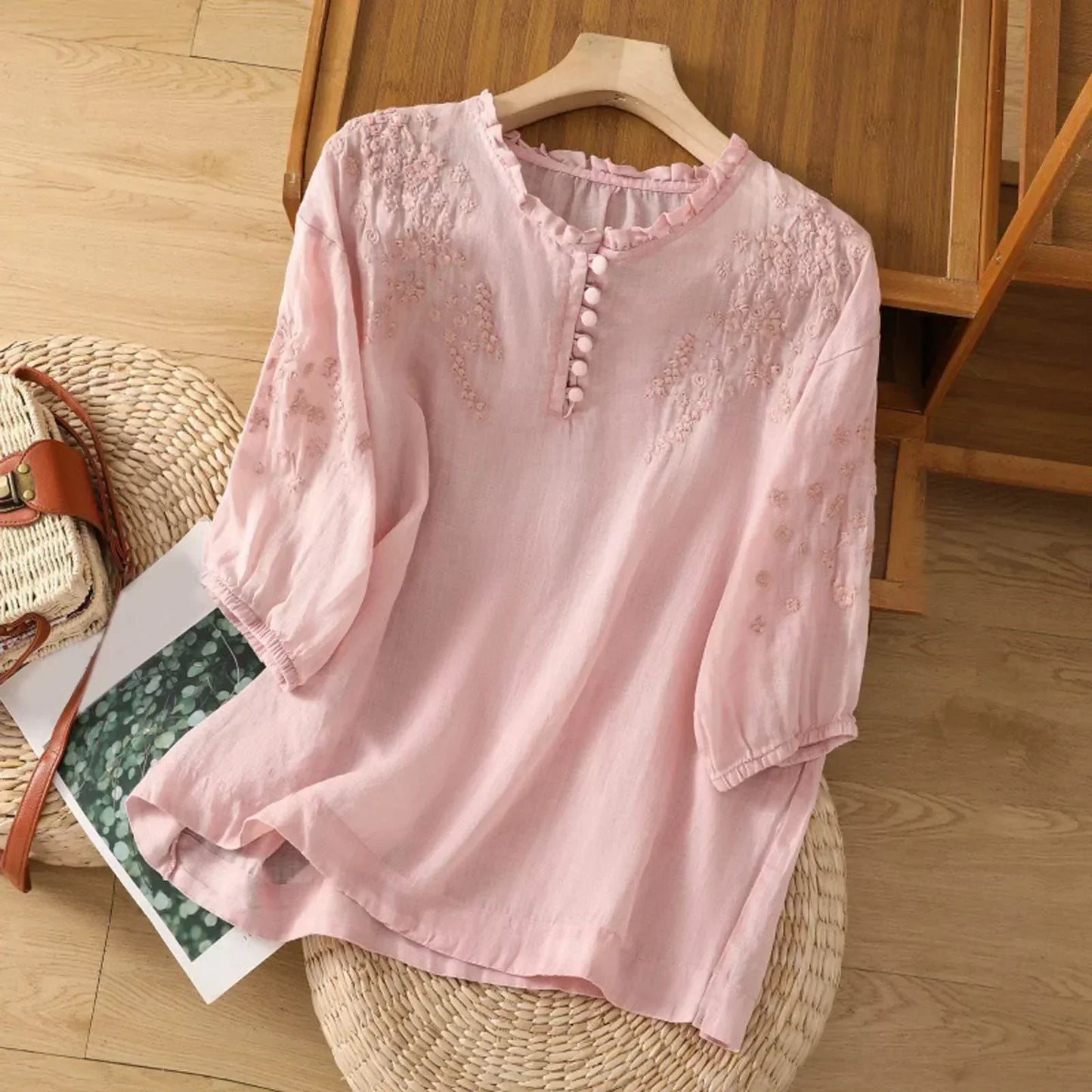 Women's Floral Button-Front Blouse with Short Sleeves and Lightweight Fabric
