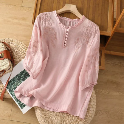 Women's Floral Button-Front Blouse with Short Sleeves and Lightweight Fabric