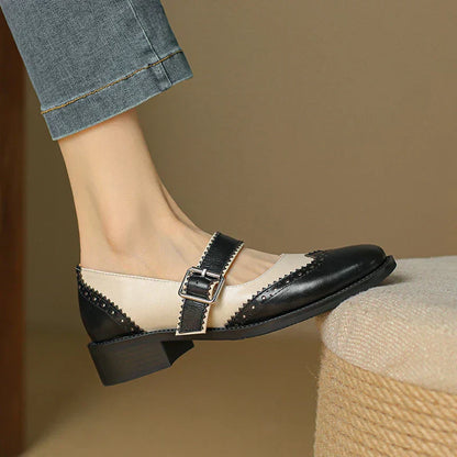 Women's Two-Tone Mary Jane Shoes with Brogue Design and T-Strap