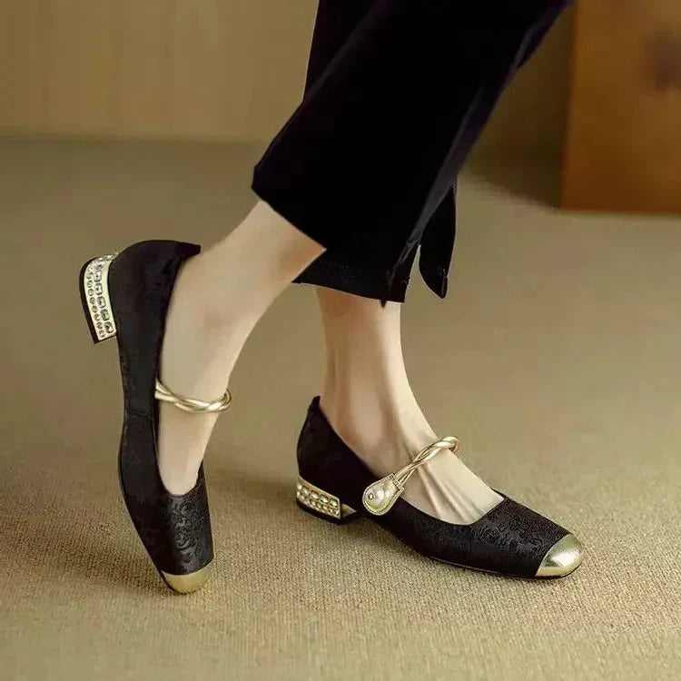Women's Mary Jane Shoes with Pearl Strap and Block Heel