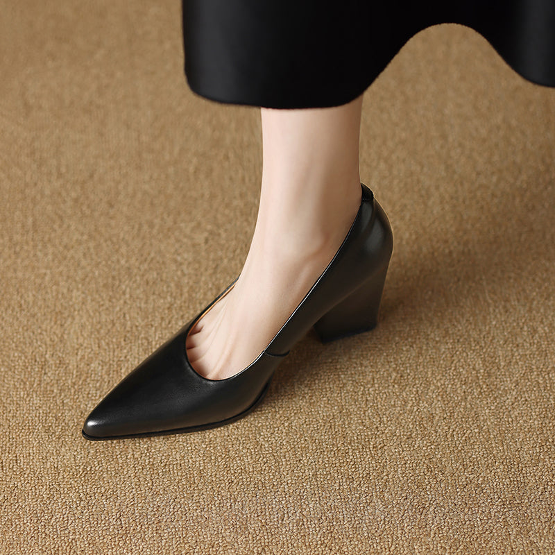 Women's Block Heel Pumps with Pointed Toe and Slip-On Design
