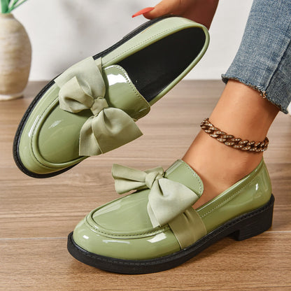 Ayora Women's Glossy Leather Moc-Toe Bow Loafer – Comfortable Platform Slip-On