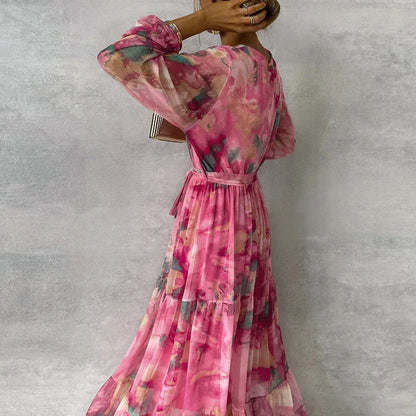Elegant Flowing Silhouette FloralPrint Handcrafted Evening Garden Party Soirees Dress
