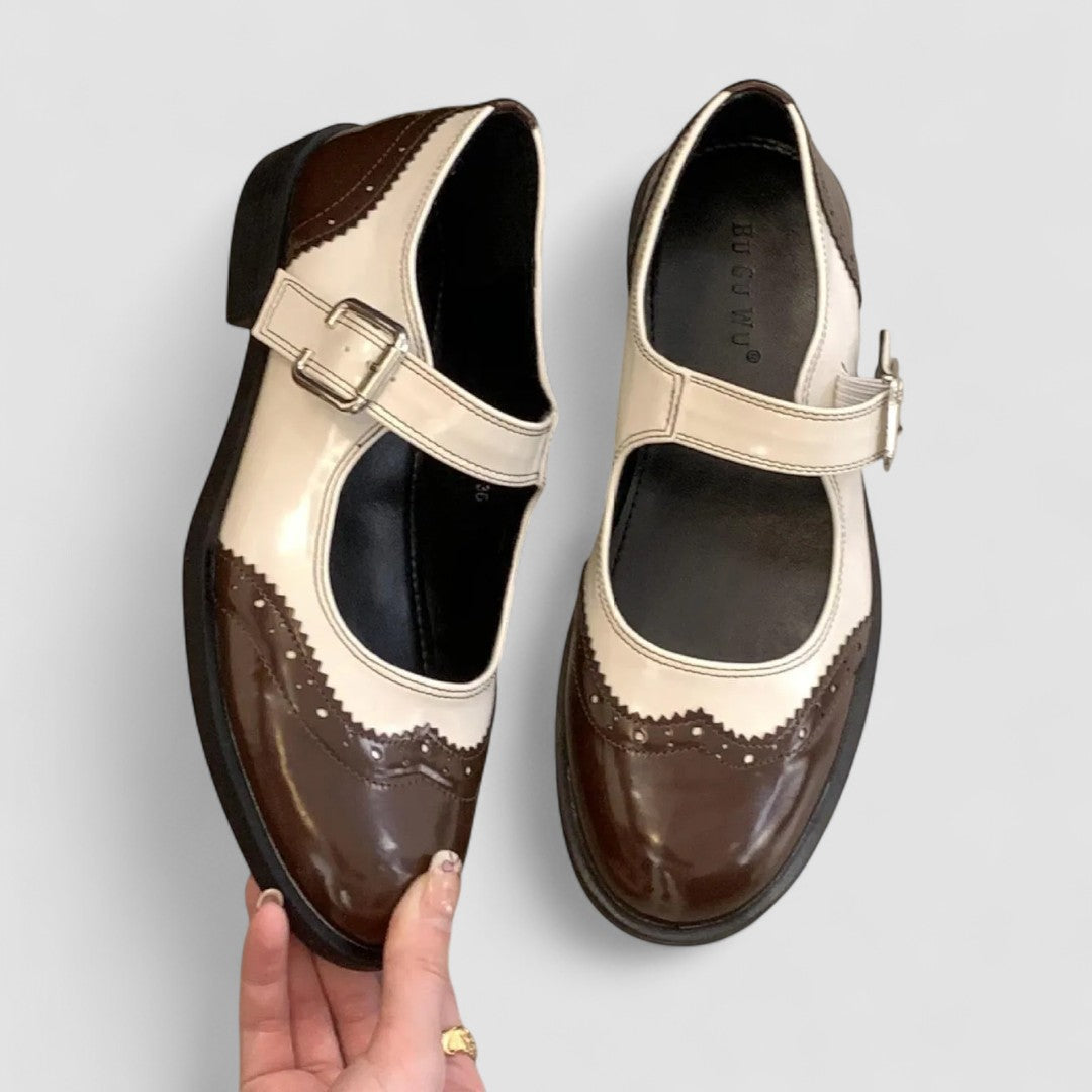 Women's Two-Tone Mary Jane Shoes with Brogue Detail and Low Heel