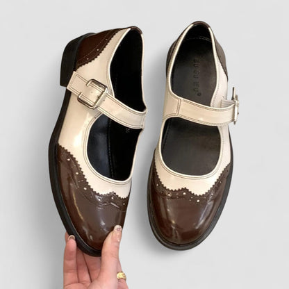Women's Two-Tone Mary Jane Shoes with Brogue Detail and Low Heel