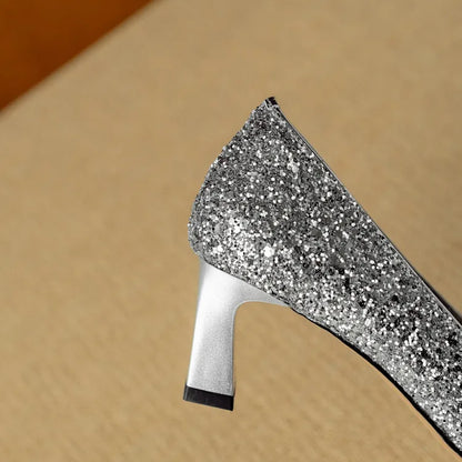 Women's Glitter Block Heel Pumps with Pointed Toe and Crystal Buckle