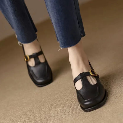 Women's T-Strap Mary Jane Shoes with Square Toe and Low Block Heel