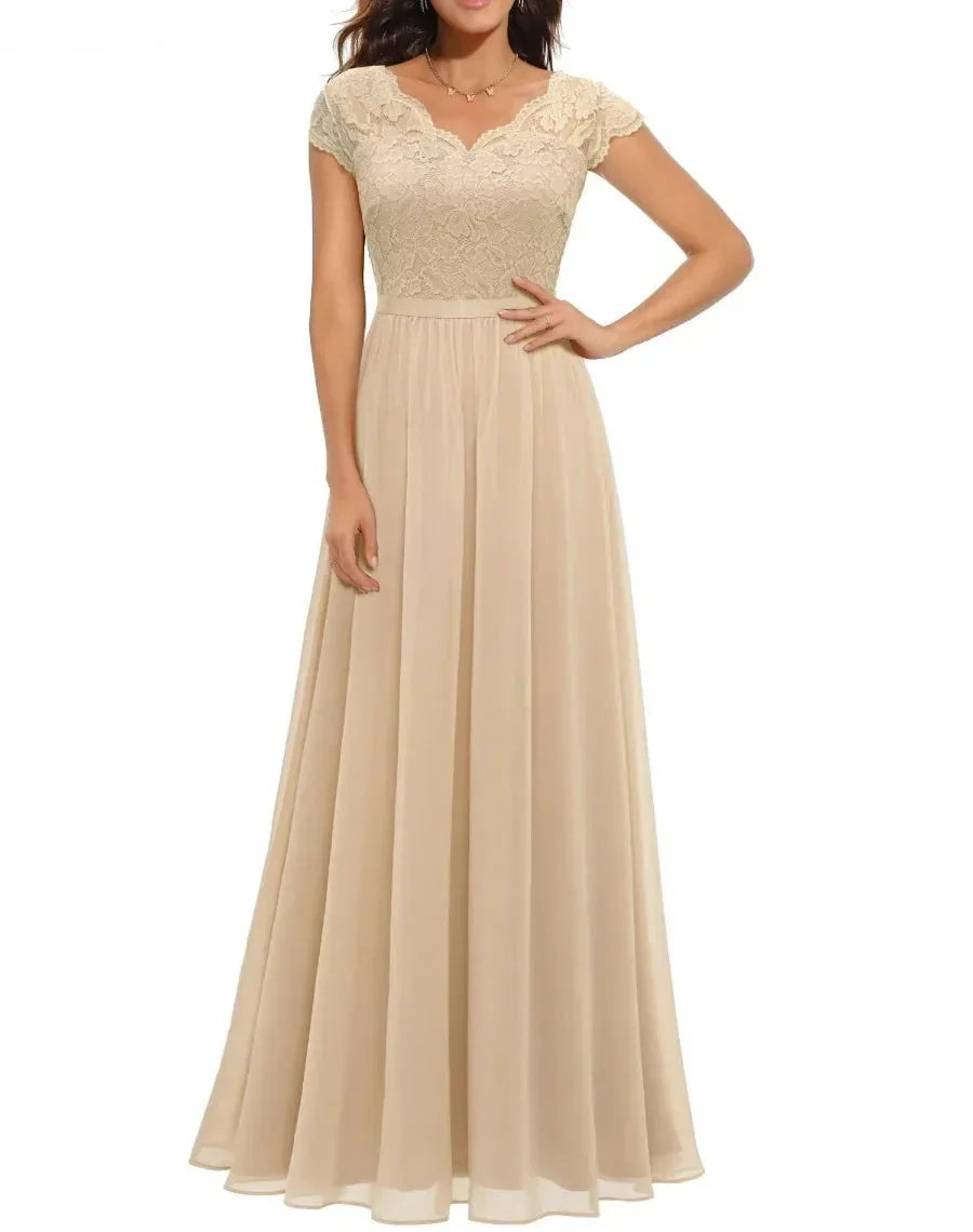 Elegant Alluring Lace Detailing Chantilly Lace Pattern Luxuriously Flowing Evening Gown