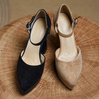 Women's Platform Block Heel Pumps with Ankle Strap and Sturdy Base