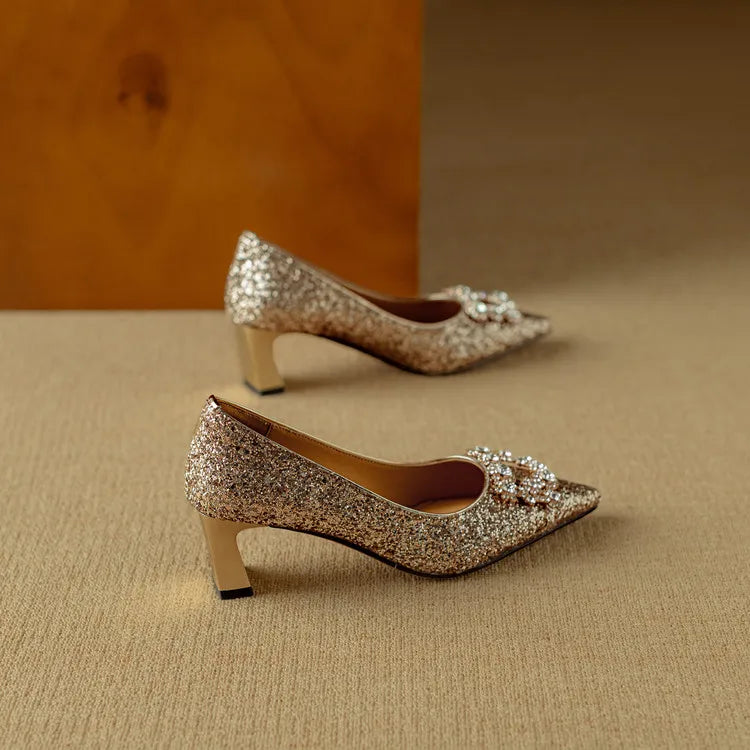 Women's Glitter Block Heel Pumps with Pointed Toe and Crystal Buckle
