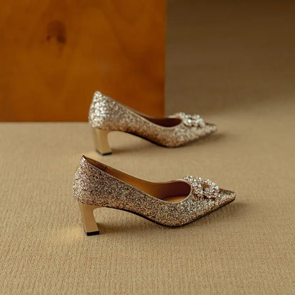 Women's Glitter Block Heel Pumps with Pointed Toe and Crystal Buckle