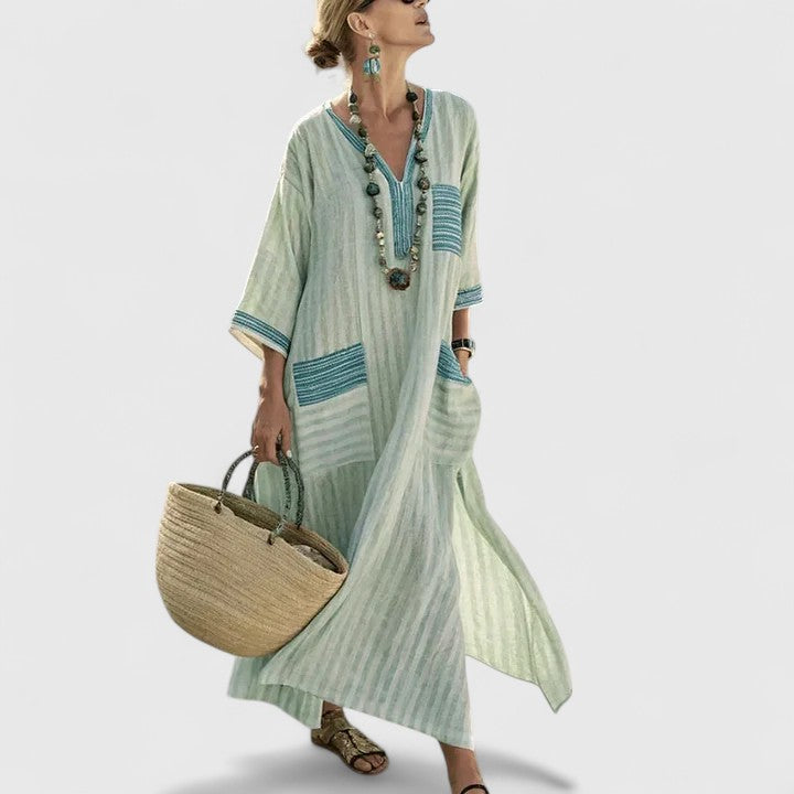 Women’s Mint Stripe Linen Blend Maxi Dress – V-Neck Teal Embroidered Trim Hidden Pockets Dress