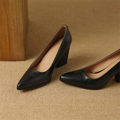 Women's Block Heel Pumps with Pointed Toe and Slip-On Design