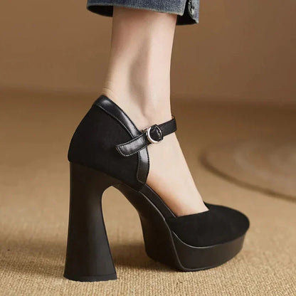 Women's Platform Block Heel Pumps with Ankle Strap and Sturdy Base