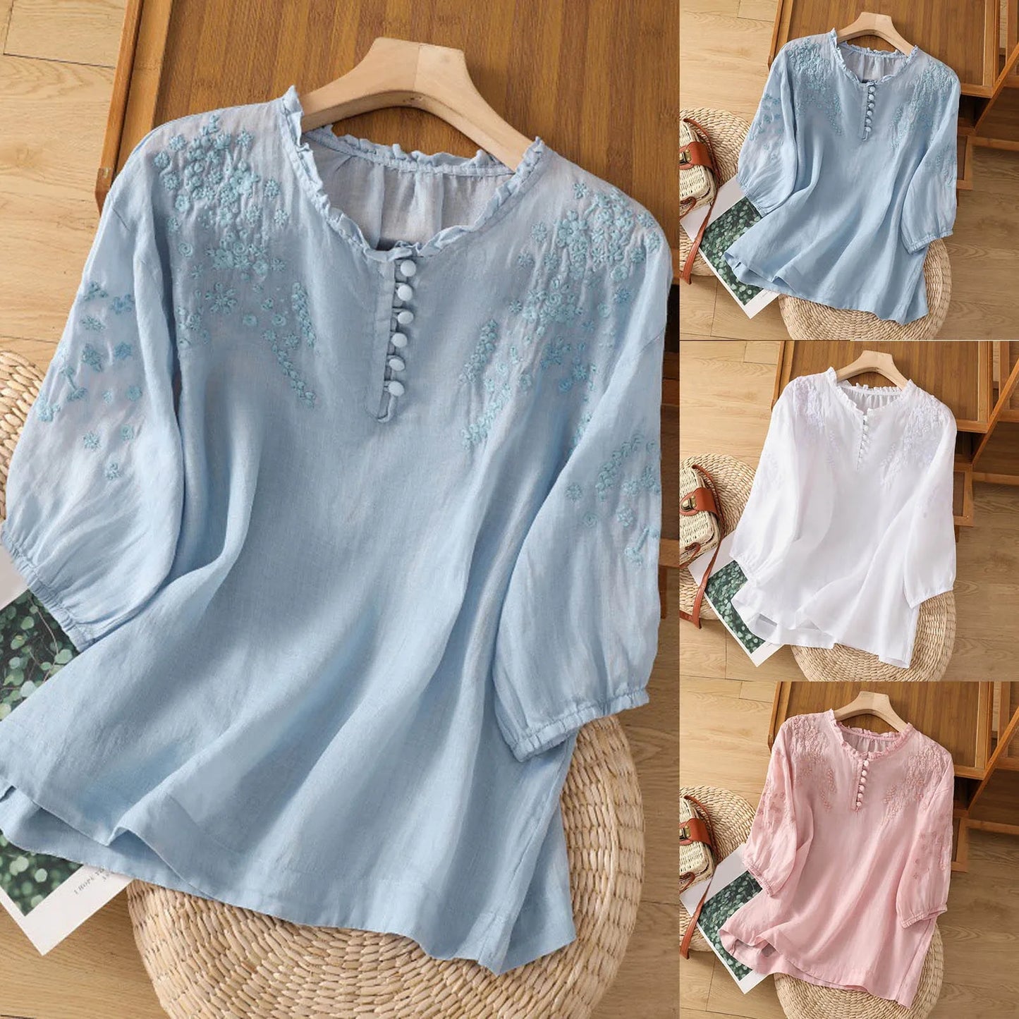Women's Floral Button-Front Blouse with Short Sleeves and Lightweight Fabric