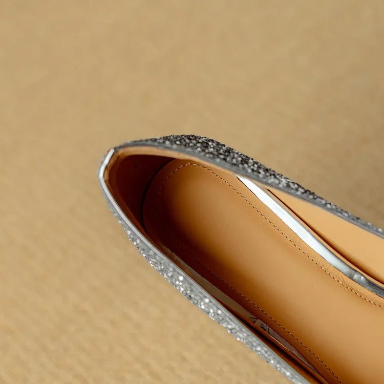 Women's Glitter Block Heel Pumps with Pointed Toe and Crystal Buckle