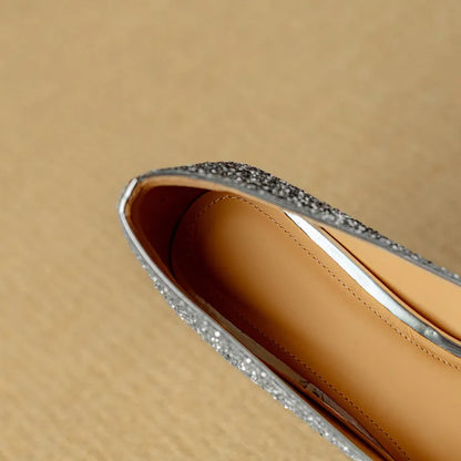 Women's Glitter Block Heel Pumps with Pointed Toe and Crystal Buckle