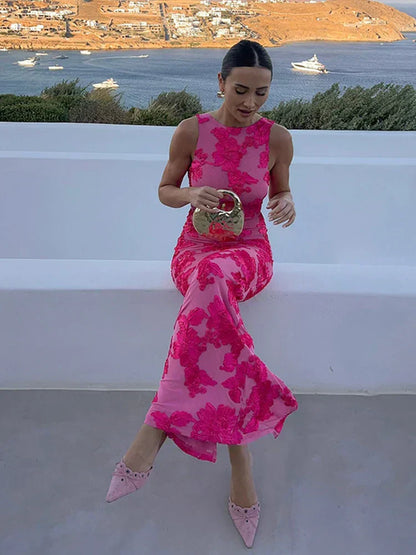 Women's Maxi Dress with Floral Print and Sleeveless Design